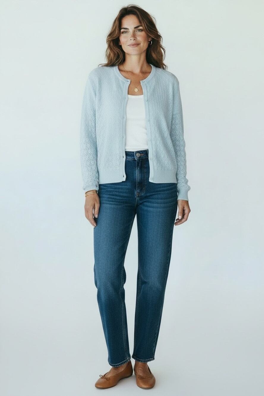Brooks Brothers Sz M Pastel Blue Pointelle Crochet Cardigan Modest Fitted Cotton